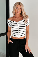 Lovely & Kind Off The Shoulder Striped Zip-Up Top (White)