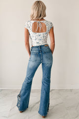 Flirty Flair Printed Cap Sleeve Top (White/Blue Floral)