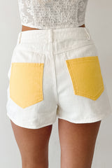 Blooming Anyway Contrast Denim Shorts (Off White/Yellow)