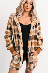 No Off Days Plaid Print Fur Hoodie Cardigan (Camel Mix)