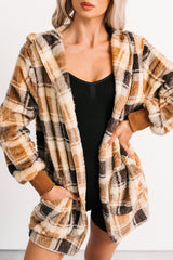 No Off Days Plaid Print Fur Hoodie Cardigan (Camel Mix)