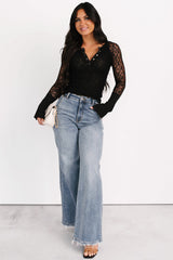 Be The Plot Long Sleeve Henley Lace Top (Black)