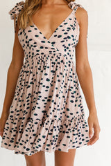 Maven Tied Shoulder Low Back Dress Animal Print Mocha