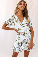 Omara Floral Wrap Ruffle Trim Dress White