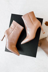 Queen Status Pointed Toe Heeled Booties (Nude Patent)