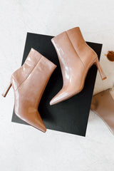 Queen Status Pointed Toe Heeled Booties (Nude Patent)