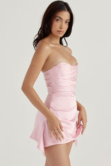 Silky Satin Pleated Trim Corset Strapless Party Mini Dress