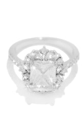 Diamante Rhodium Plated CZ Square Ring - Silver