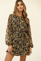 Dusk Long Sleeve Waist Tie Frill Dress Floral Print Black