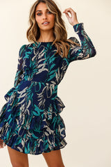 Liz Long Sleeve Double Ruffle Dress Leaf Print Navy