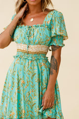 Summer In Paris Puff Sleeve Open Back Dress Botanical Print Mint