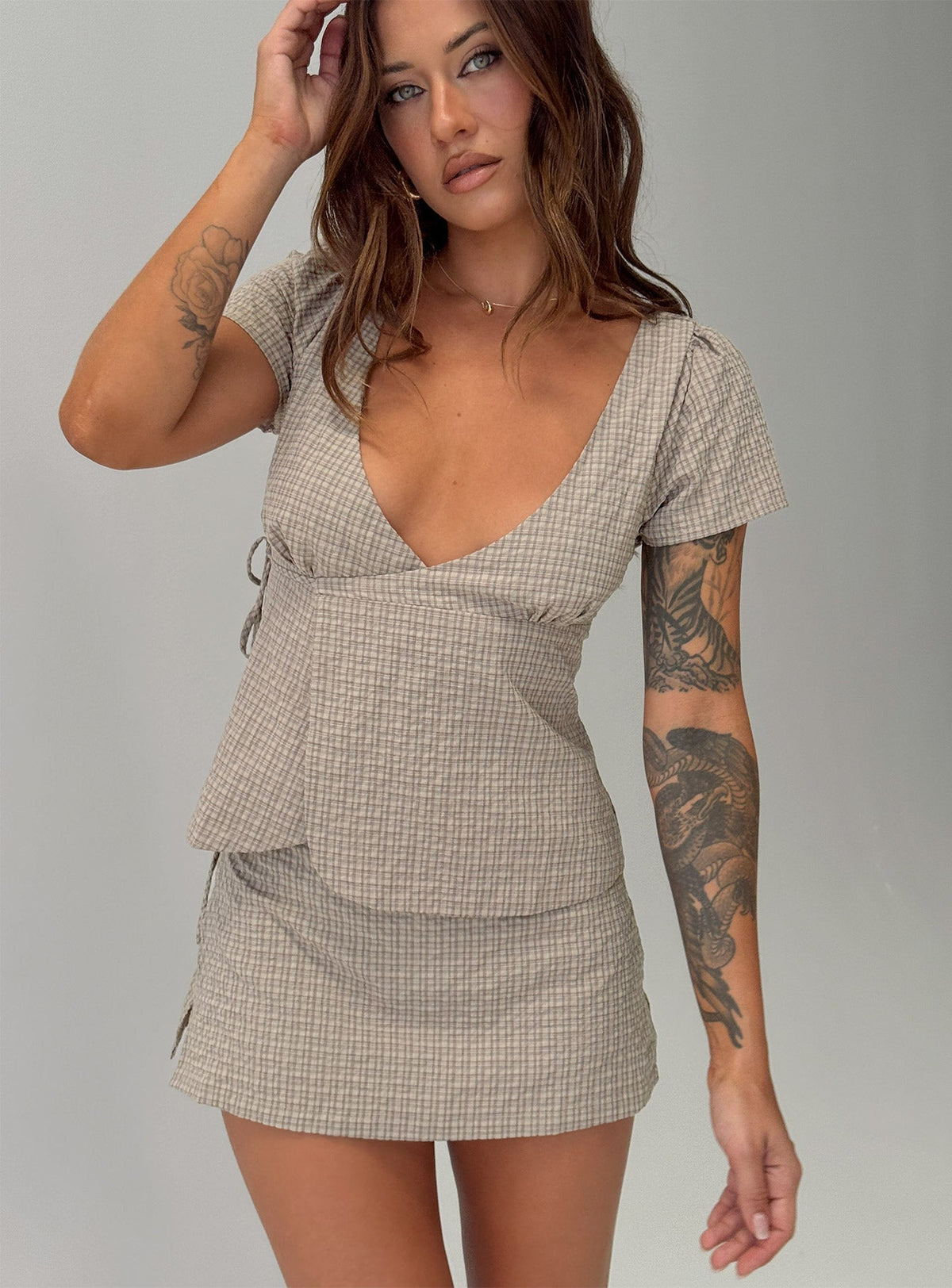 Emmilou Wrap Co-ord Brown Check