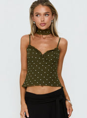 Mishy Scarf Detail Cami Top Olive Polka