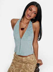 Dalyah Faux Suede Halter Top Soft Blue