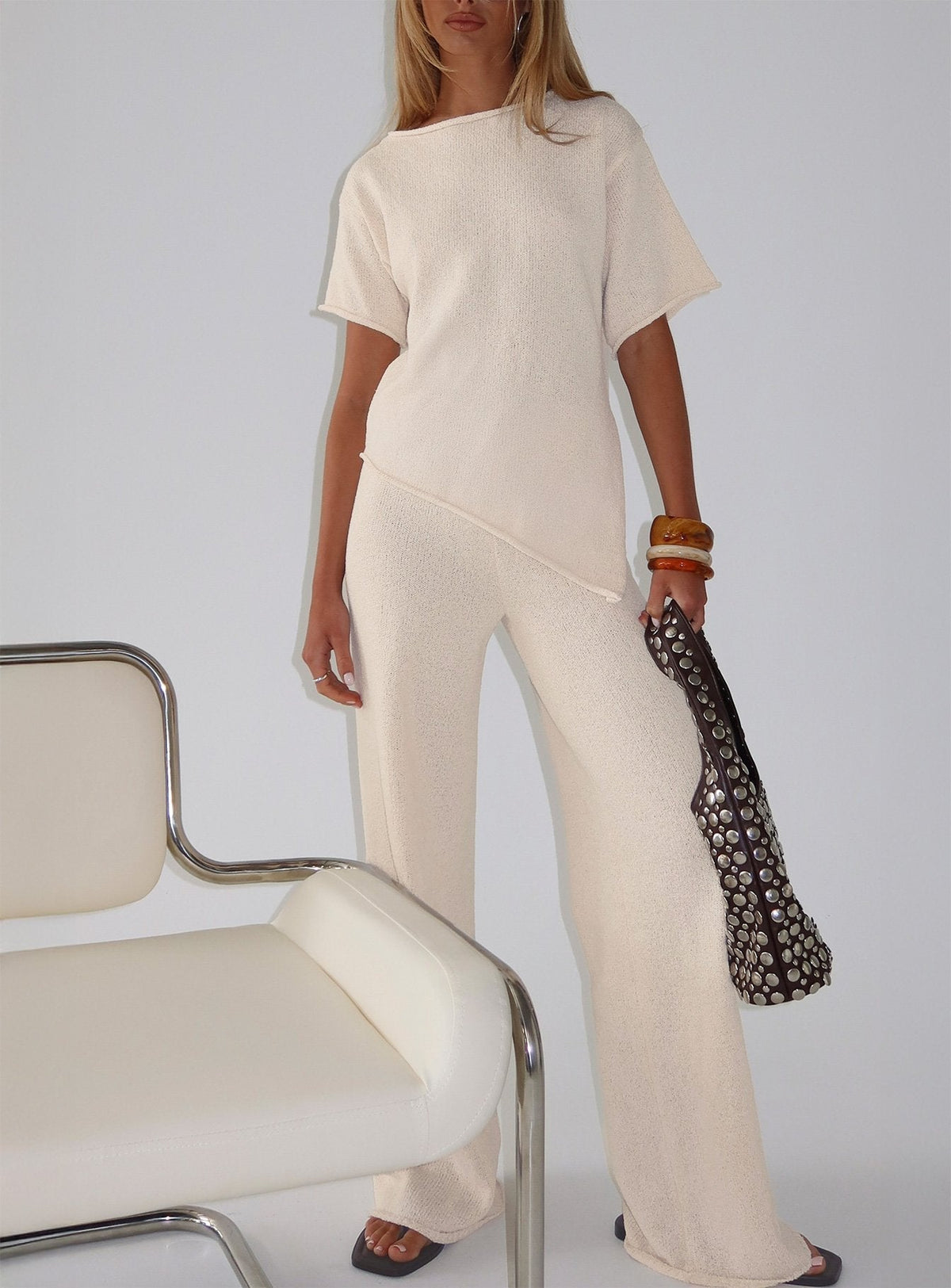 Calisse Knit Wide Leg Trousers Beige