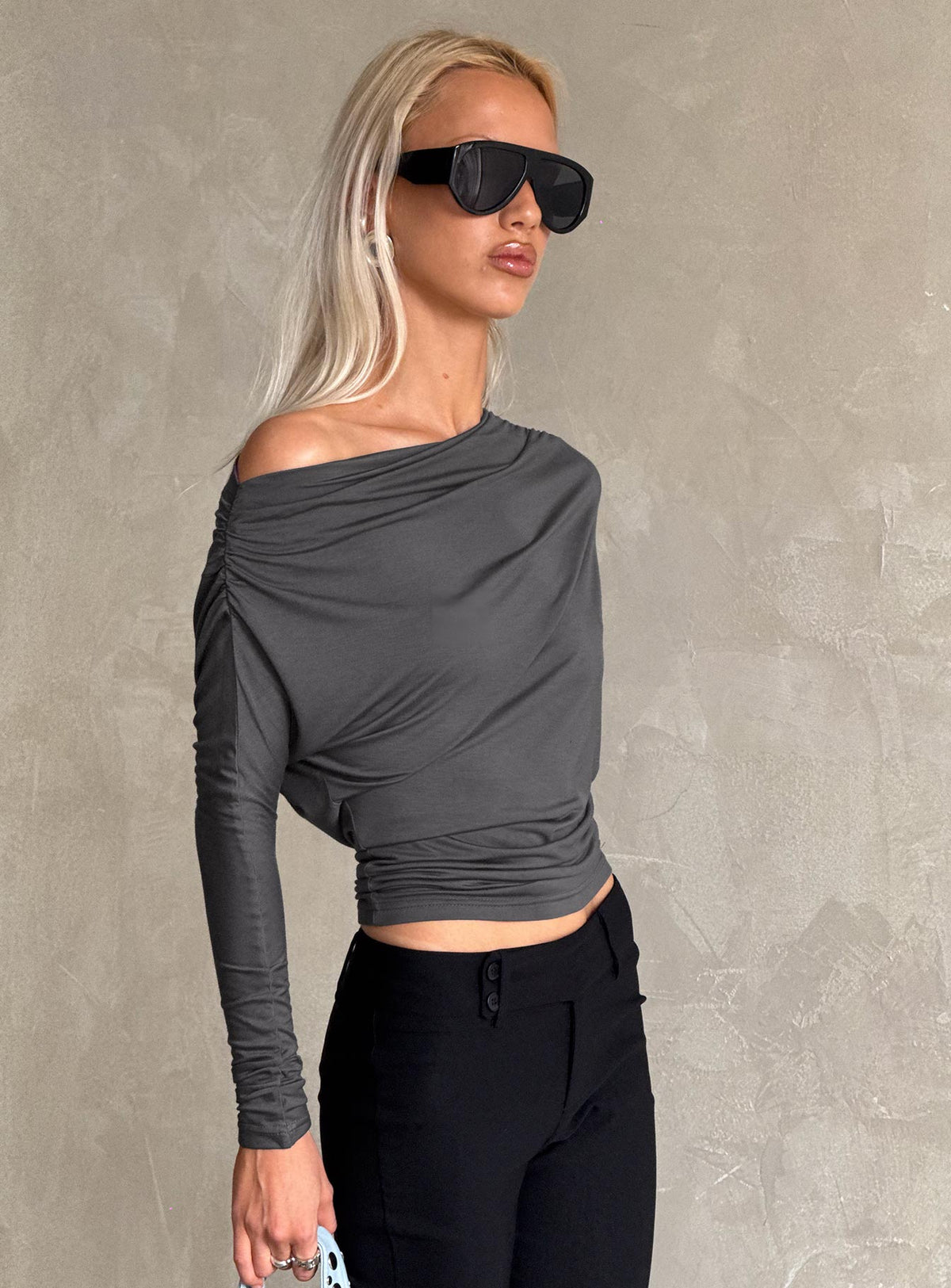 Party Hour Off Shoulder Top Charcoal