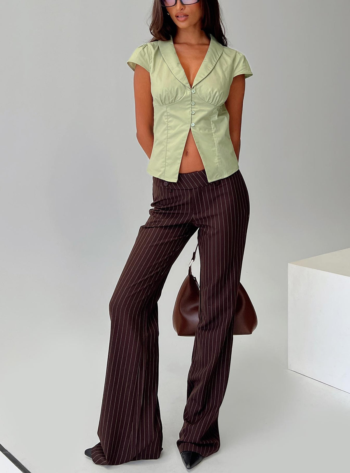 Kinkirk Flared Trousers Brown Pinstripe