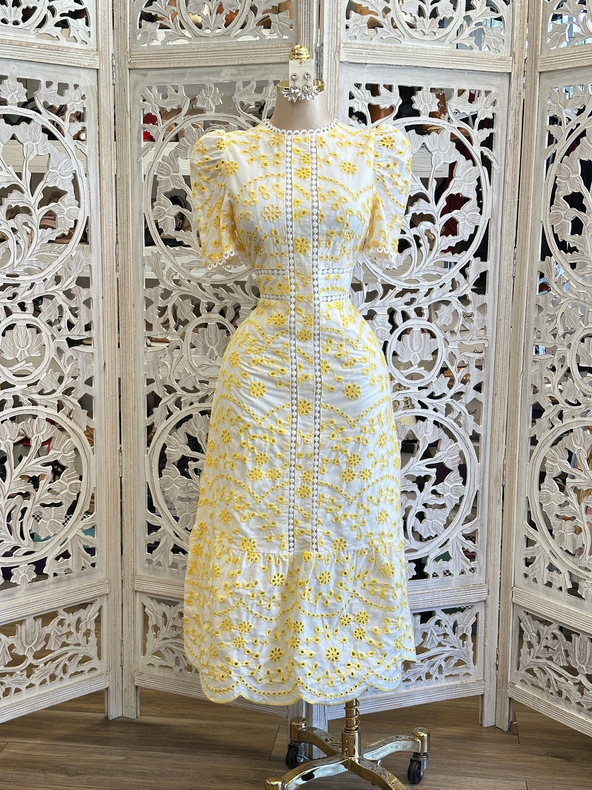 Yellow Eyelet Midi Dress- No Estira, Not Stretchy