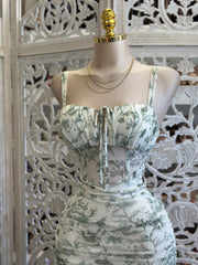 Sage Flowers Ruched Midi Bodycon Dress-Estira  ,Stretchy
