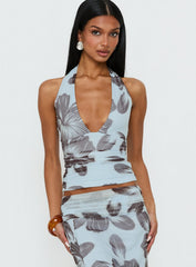 Roselin Mesh Halter Top Blue Floral