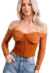 Her Reign Mesh Off The Shoulder Crop Top (Cappuccino)