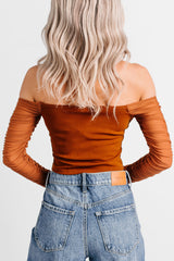 Her Reign Mesh Off The Shoulder Crop Top (Cappuccino)