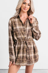 Grounded Ease Waist Tie Plaid Romper (Brown)