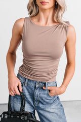 Her Tempo Sleeveless Ruched Side Top (Light Mocha)