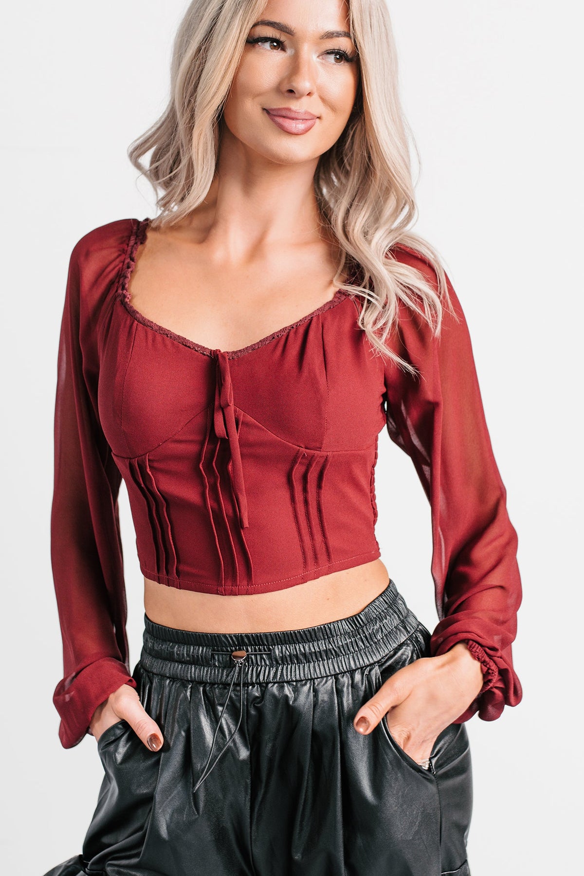Forever This Way Lace Trim Peasant Blouse (Burgundy)