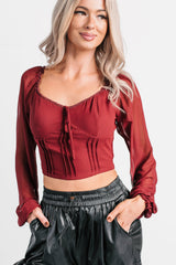 Forever This Way Lace Trim Peasant Blouse (Burgundy)