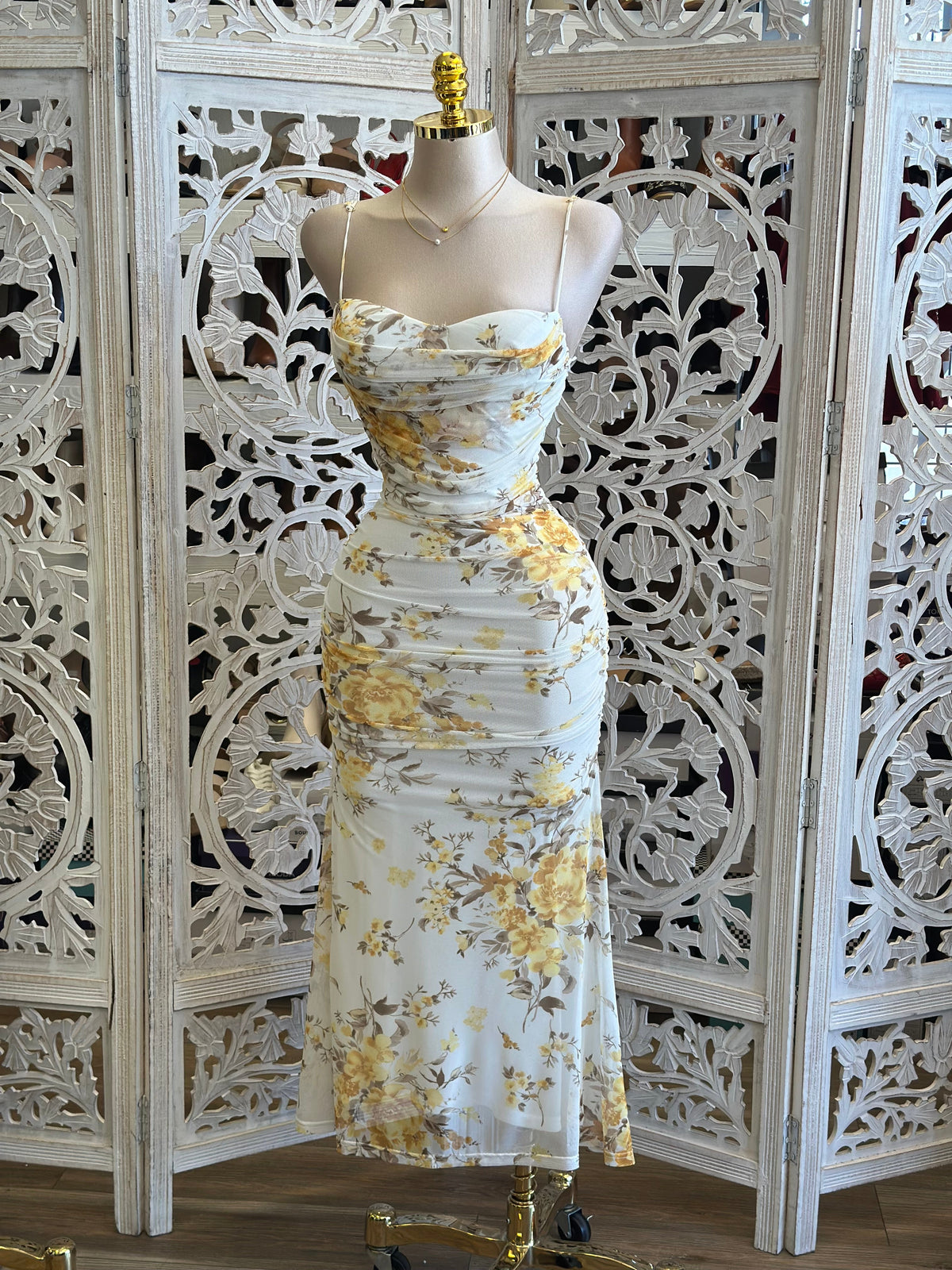 Draped Mesh Yellow Floral Dress- Stretchy, Estira