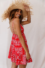 Ariya V-Neckline Frill Hem Sun Dress Red Print