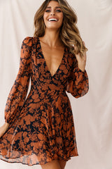 Wisteria Lane Long Sleeve Tea Dress Floral Print Navy