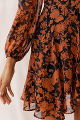 Wisteria Lane Long Sleeve Tea Dress Floral Print Navy