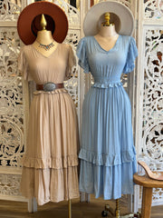 Ruffle Linen Blend Maxi Dress- Stretchy, Estira