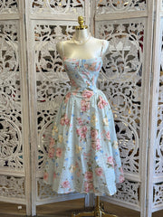 Pale Blue Floral Grid Dress -Not Stretchy, No Estira