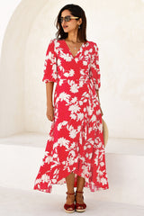 Ella EcoVero™ 3/4 Length Sleeve Wrap Dress | Red/Cream