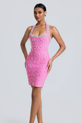 Bandage Rhinestone Rivets Halter Neck Mini Dress