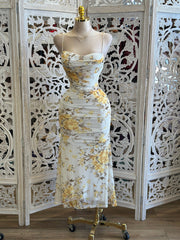 Draped Mesh Yellow Floral Dress- Stretchy, Estira
