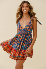 Go Get It Tied Shoulder Sun Dress Floral Print Navy