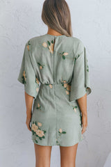 Rivera Deep-V Waist-Tie Dress Rose Floral Print Sage