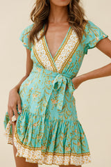 Mayan Angel Sleeve Waist Tie Wrap Dress Floral Print Mint