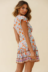Mayan Angel Sleeve Waist Tie Wrap Dress Floral Print Mint/Pink
