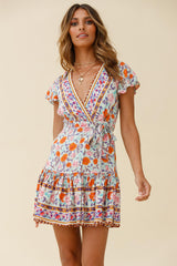 Mayan Angel Sleeve Waist Tie Wrap Dress Floral Print Mint/Pink