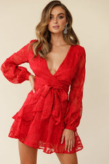 Kerry Layered Balloon Sleeve Dress Floral Embroidered Red