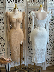 Puff Sleeve Lace MidiDress -Estira, Stretchy