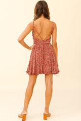 Dote On Me Frill Trim Strappy Back Dress Flower Print Wine