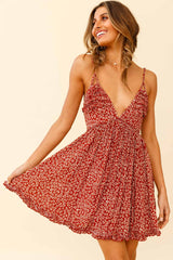 Dote On Me Frill Trim Strappy Back Dress Flower Print Wine