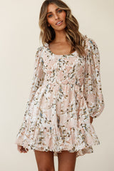 Athaliah Shirred Bust Balloon Sleeve Dress Floral Print Nude