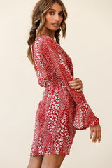 Simona Long Sleeve Wrap Style Dress Floral Print Red